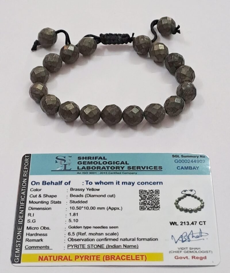 Pyrite Stone Original Certified Stone Diamond Cut 10mm Unisex Faceted Adjustable thread Bracelet for Wealth Prosperity Good Luck and Success - Increased Will Power and Manifestation