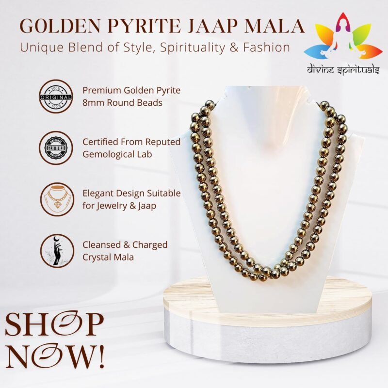 Golden Pyrite Jaap Mala Premium Certified 108+1 Beads Unisex Crystal Mala For Prosperity, Abundance & Manifestation For Jewellery & Jaap
