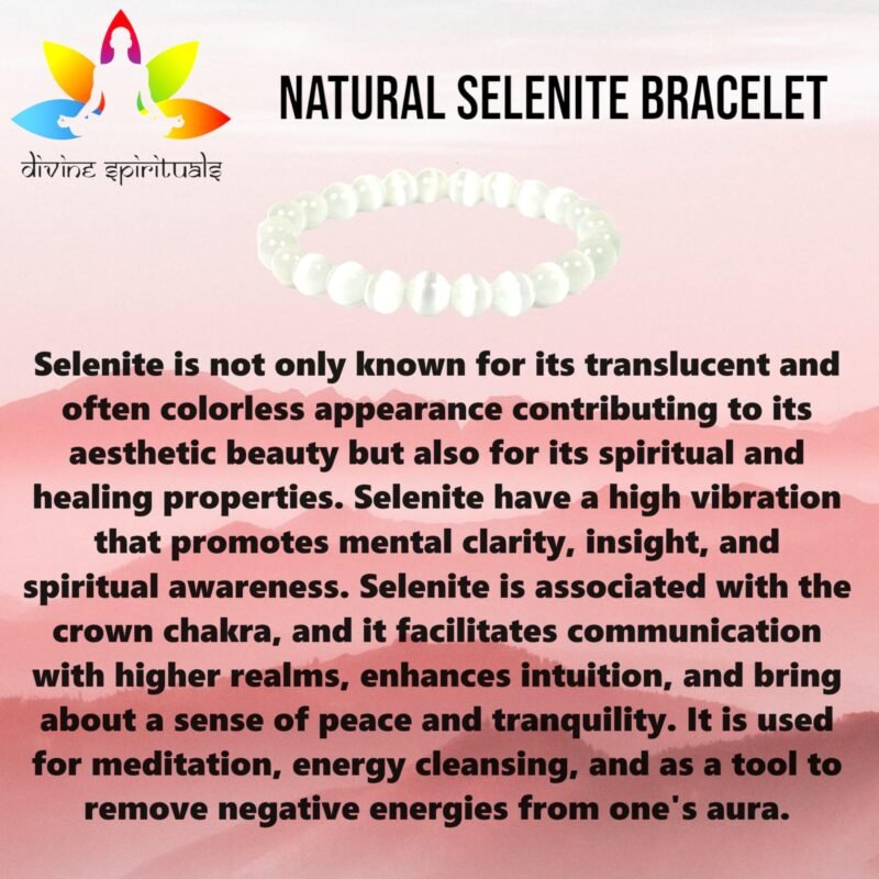 Natural Crystal Selenite Bracelet 8mm Stretchable Original Semi Precious Gemstone Bracelet For Crown Chakra, Aura Cleansing, Purification and Peace
