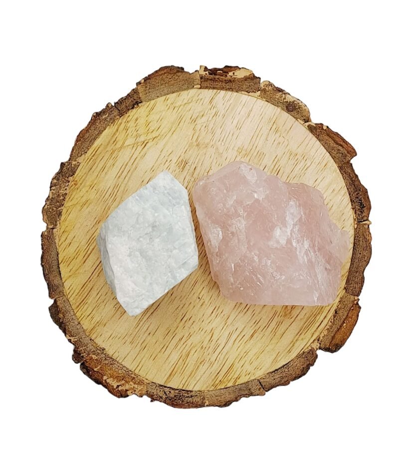 Amazonite + Rose Quartz AAA Grade Raw Natural Crystal Combo with Wooden Natural Bark Coaster for Healing, Meditation and Manifestation