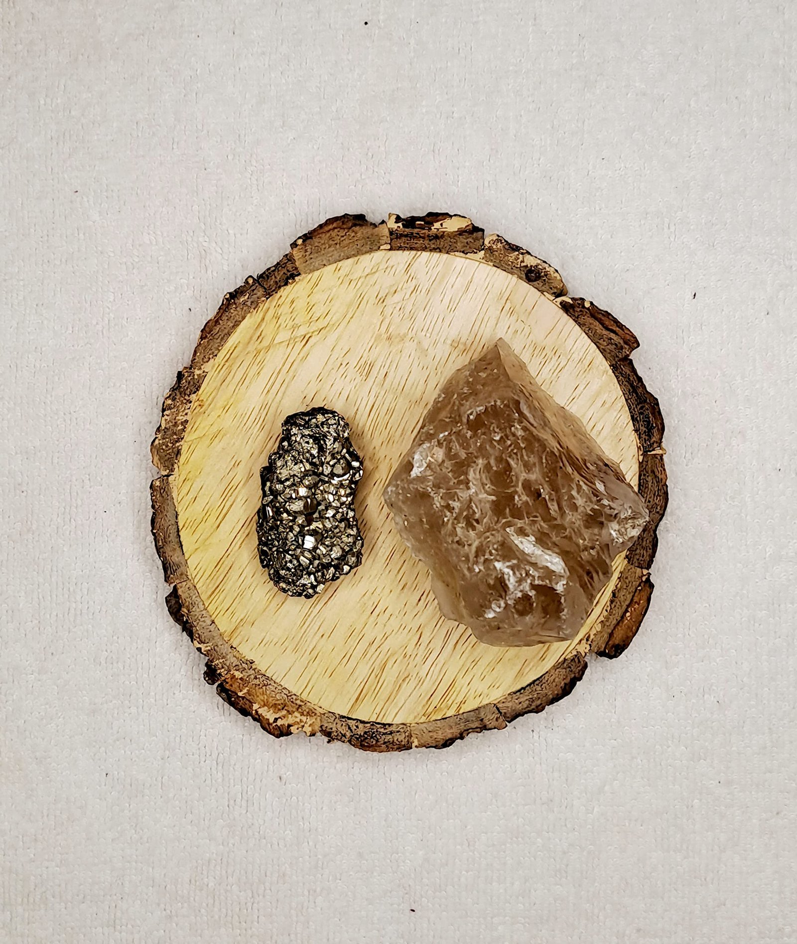 Pyrite and Smoky Quartz AAA Grade Raw Natural Crystal Combo with Wooden Natural Bark Coaster for Healing, Meditation and Manifestation