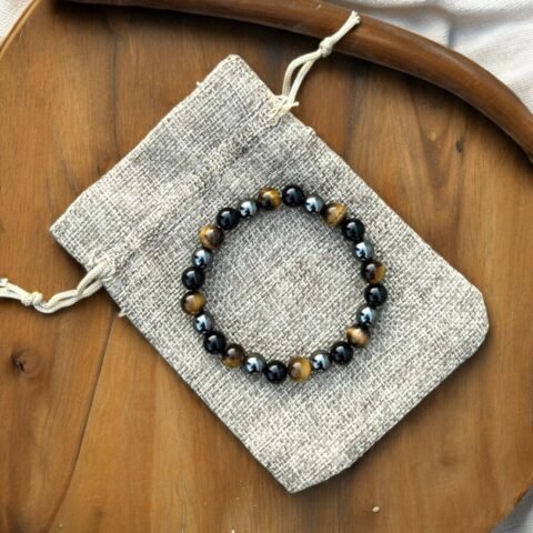 Premium Triple Protection Bracelet Tiger's Eye Hematite Black Obsidian 8mm Lab-Certified Unisex Original Crystal Bracelet For Protection & Removing Negativity