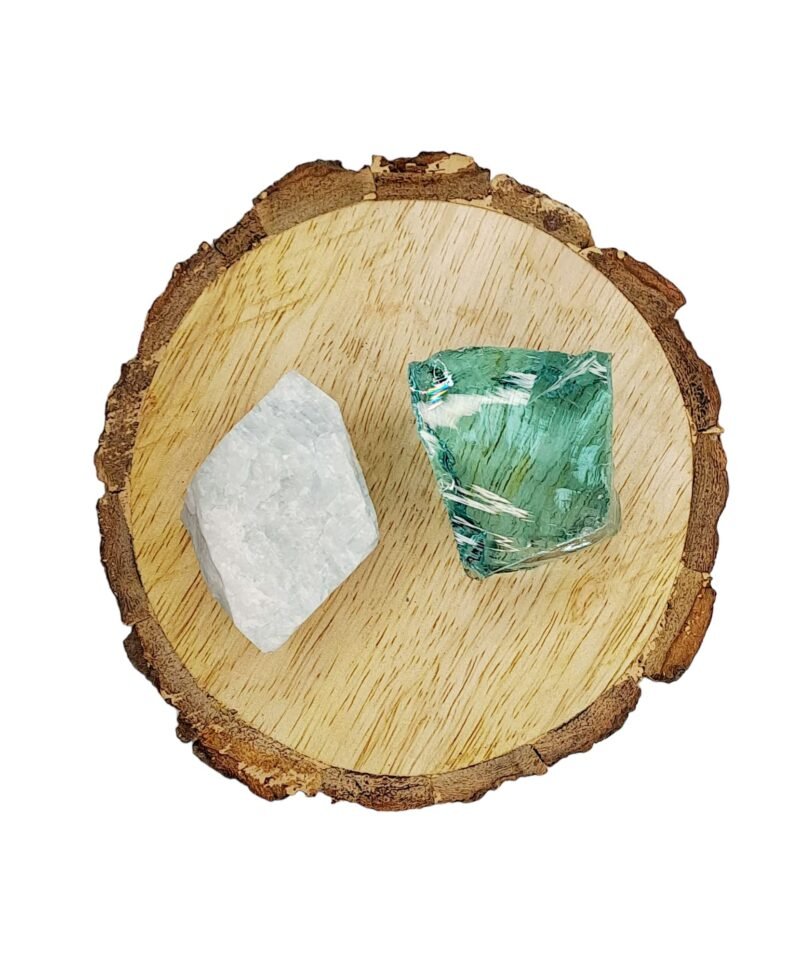 Amazonite + Aqua Marine Obsidian AAA Grade Raw Natural Crystal Combo with Wooden Natural Bark Coaster for Healing, Meditation and Manifestation