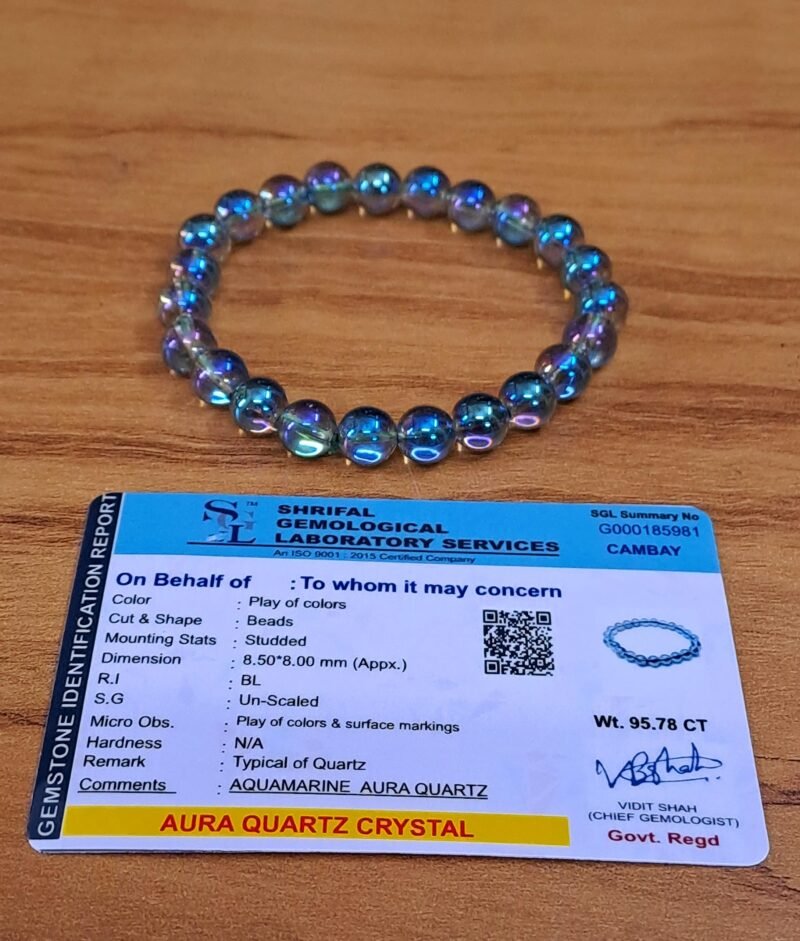 Divinity Natural Pure Certified Aura Quartz 8mm Unisex Bracelets for Healing Meditation Success and Abundance and Divine Intution (Aqua Marine Aura Quartz Bracelet)
