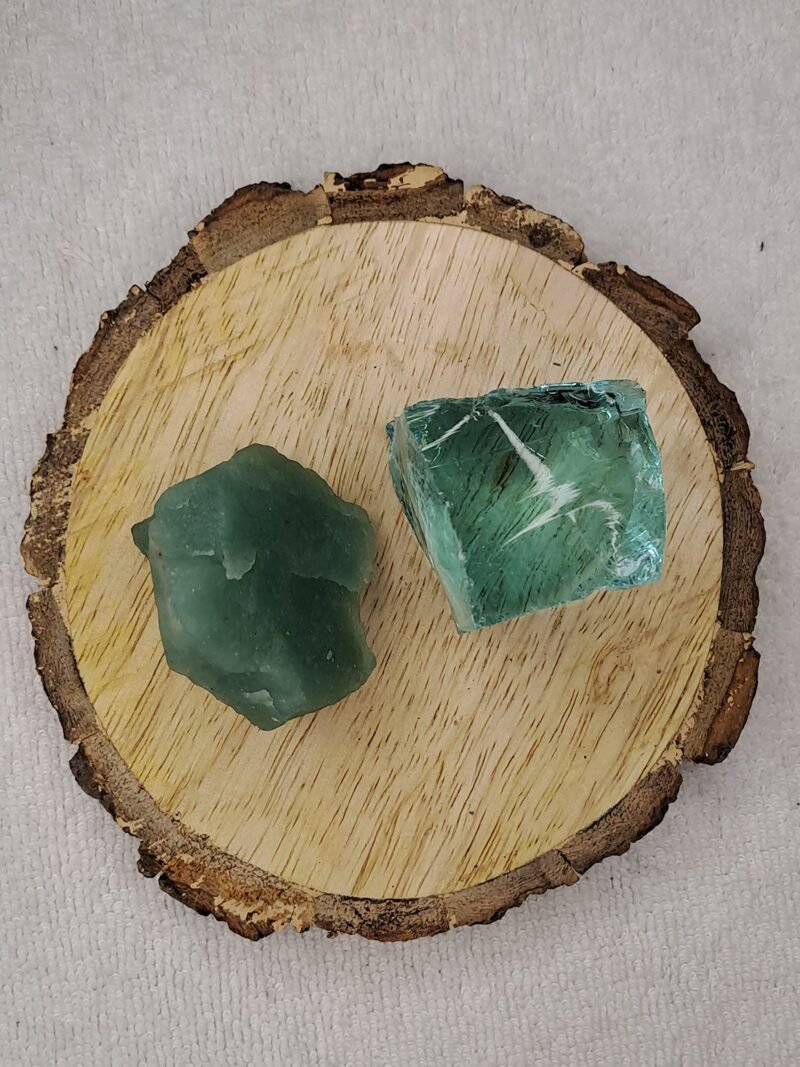 Green Aventurine and Aqua Marine Obsidian AAA Grade Raw Natural Crystal Combo with Wooden Natural Bark Coaster for Healing, Meditation and Manifestation