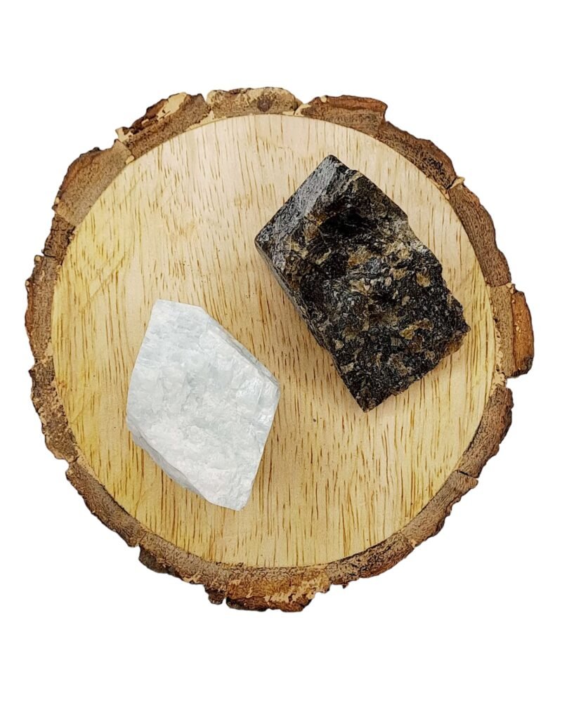 Amazonite + Labrodite AAA Grade Raw Natural Crystal Combo with Wooden Natural Bark Coaster for Healing, Meditation and Manifestation - Image 2