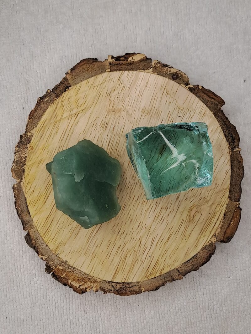 Green Aventurine and Aqua Marine Obsidian AAA Grade Raw Natural Crystal Combo with Wooden Natural Bark Coaster for Healing, Meditation and Manifestation