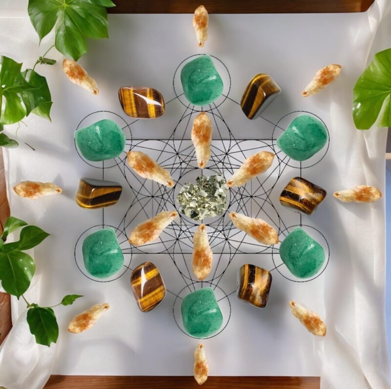 Money Magnet Stones Sacred Grid Kit for Manifesting Financial Abundance, Name and Fame, Business Success - Kit Contains 1 Pyrite, 14 Citrine Points, 6 Tiger Eye Tumbles, 6 Green Aventurine Tumbles