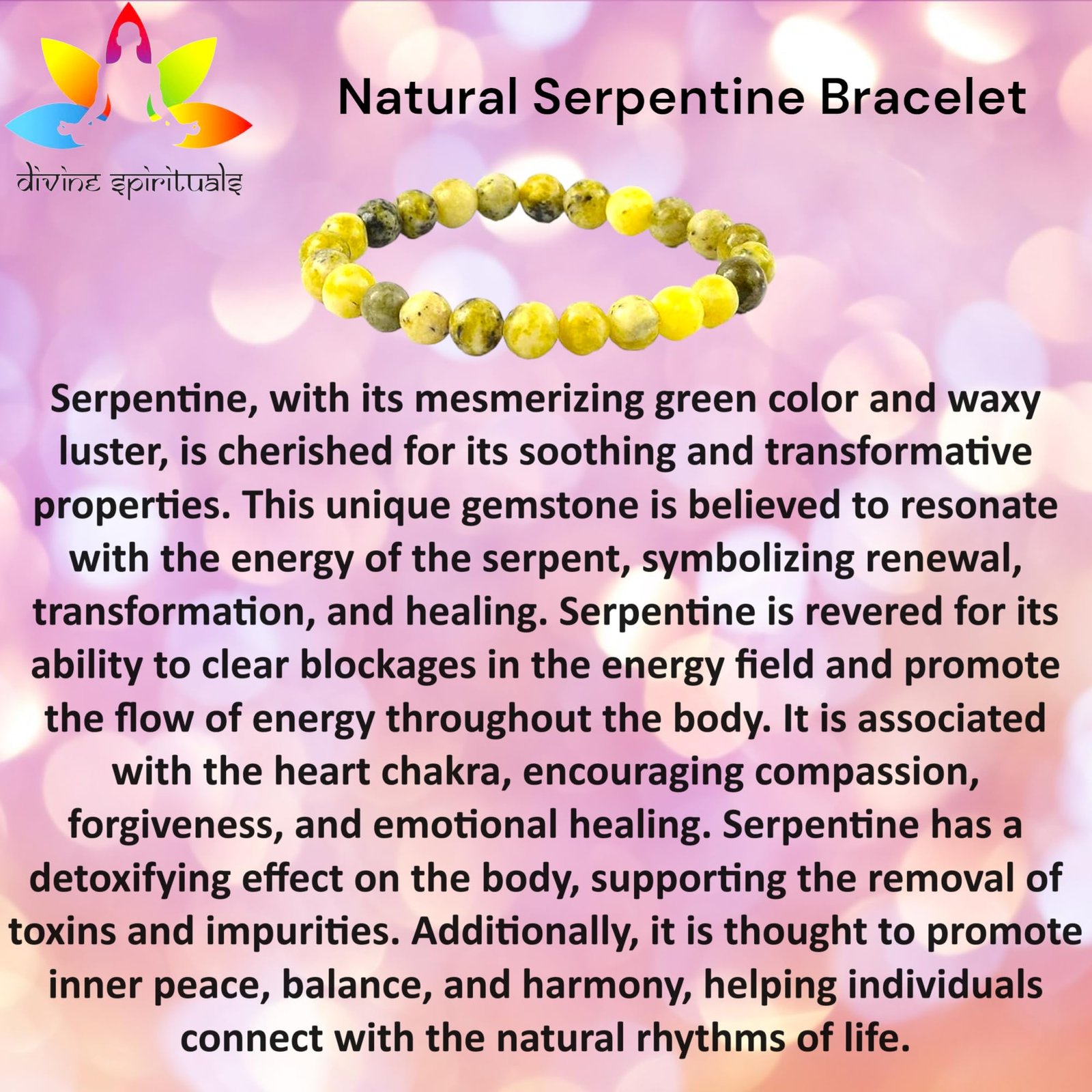 Natural Serpentine Bracelet Lab-Certified AAA Grade 8mm Stretchable Original Unisex Bracelet For Heart Chakra, Healing Energy, Kundalini Activation, Detoxification & Grounding