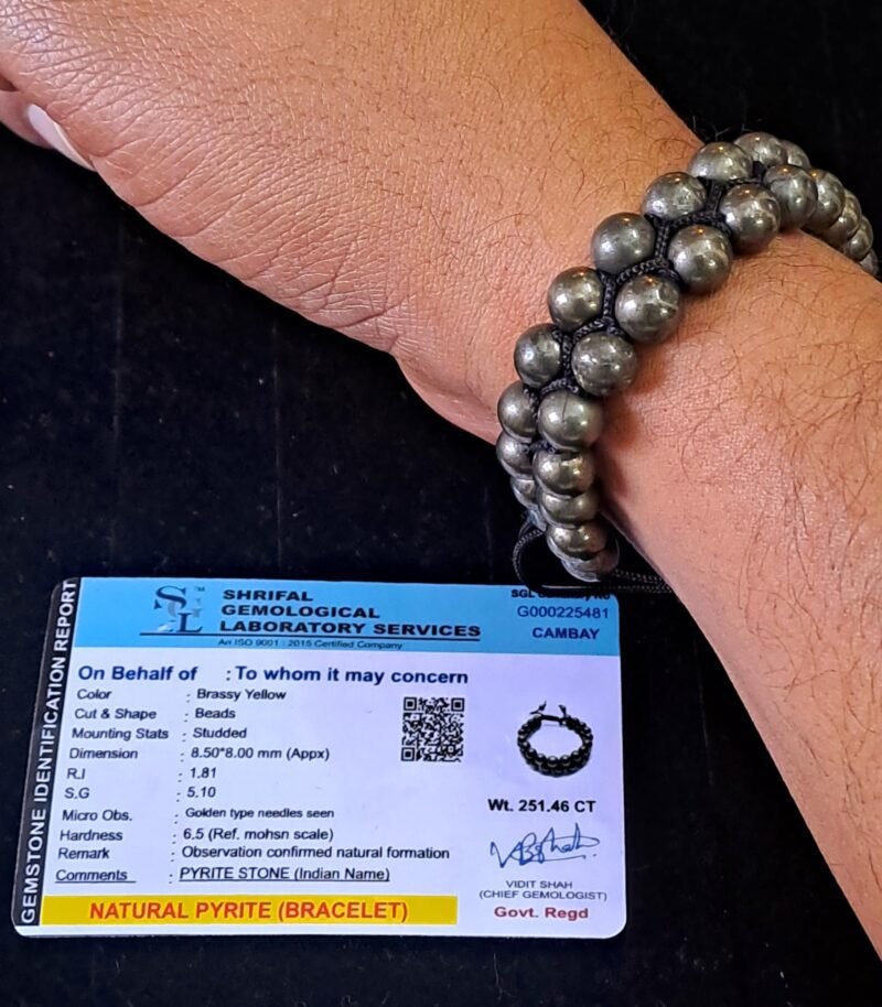 Gemstone Lab Certified Natural Pyrite Double Layered Semi Precious, Stone Bracelet, Crystal Stone 8mm Beads Bracelet Round Shape for Reiki Healing and Crystal Healing Chakra Stones