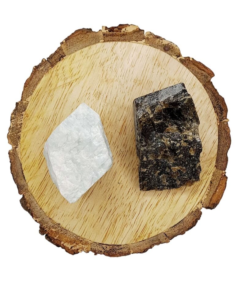 Amazonite + Labrodite AAA Grade Raw Natural Crystal Combo with Wooden Natural Bark Coaster for Healing, Meditation and Manifestation