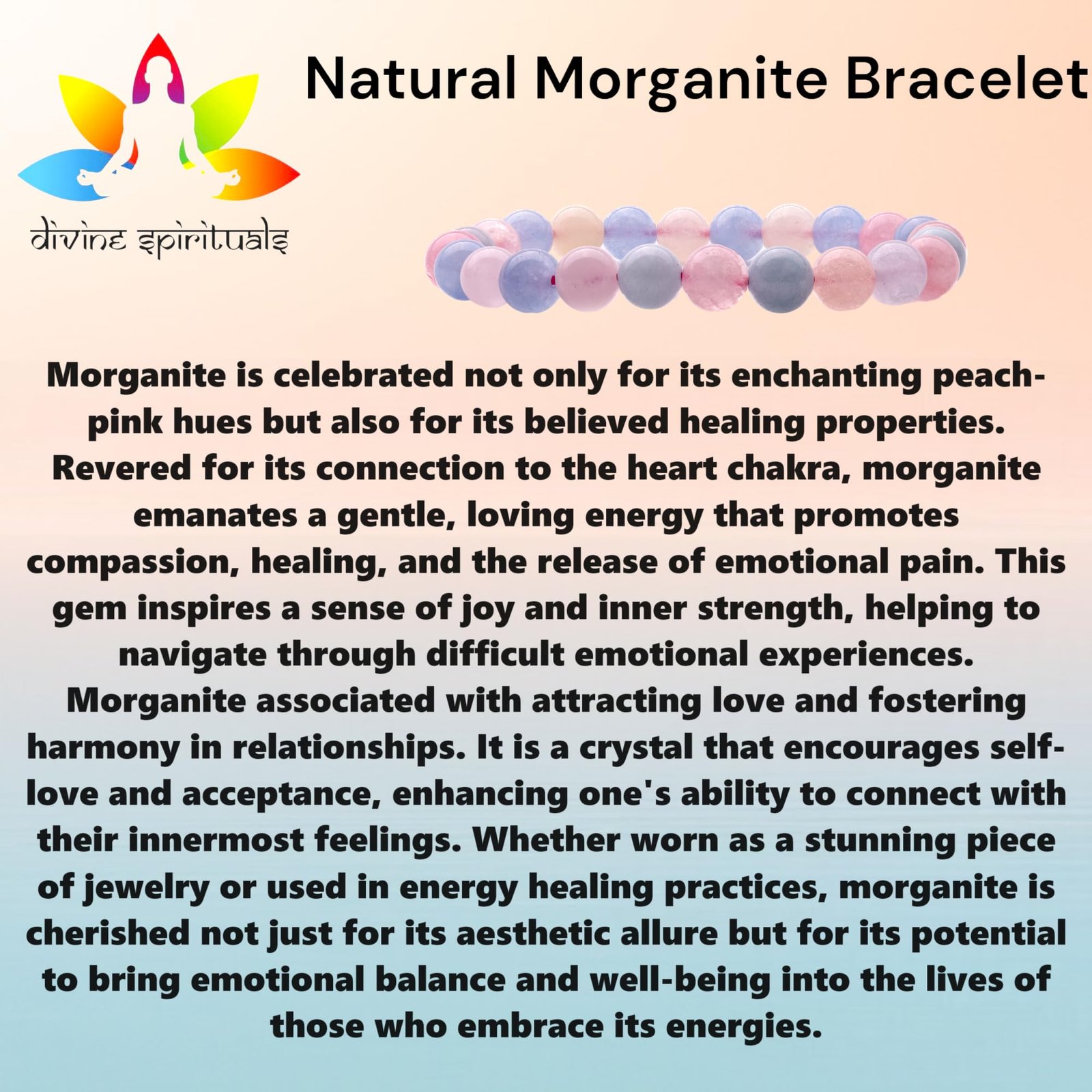 Natural Morganite Bracelet 8mm Stretchable Original Crystal Bracelet For Heart Chakra, Love, Stress-relief & Meditation For Men & Women