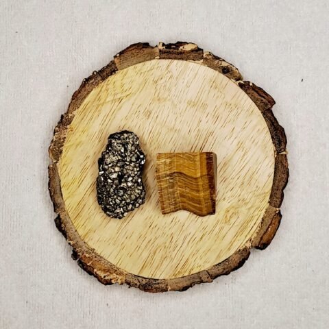 Pyrite and Tiger Eye AAA Grade Raw Natural Crystal Combo with Wooden Natural Bark Coaster for Healing, Meditation and Manifestation