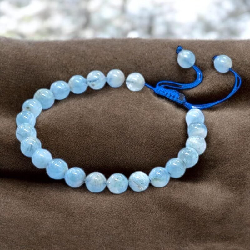 Natural Aquamarine Bracelet Macrame Thread Lab Certified Original 8mm Adjustable Unisex Crystal Bracelet For Throat Chakra, Communication & Peace - Image 3