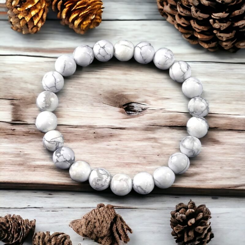 Natural Howlite Bracelet Lab Certified AAA Grade 8mm Stretchable Unisex Real Crystal Bracelet For Calming Energy, Crown Chakra, Good Sleep & Meditation