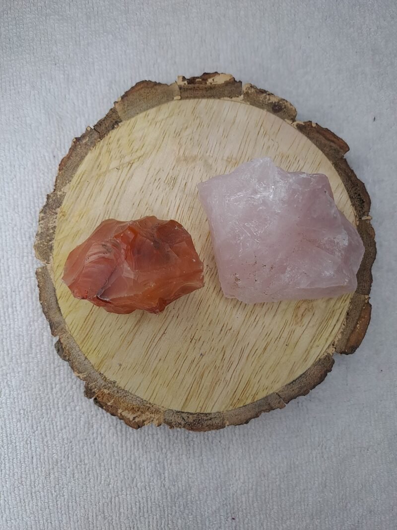 Carnelian and Rose Quartz AAA Grade Raw Natural Crystal Combo with Wooden Natural Bark Coaster for Healing, Meditation and Manifestation