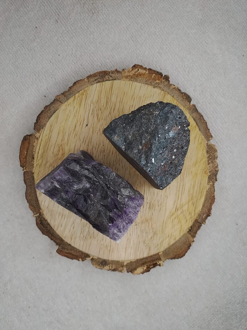 Hematite and Amethyst AAA Grade Raw Natural Crystal Combo with Wooden Natural Bark Coaster for Healing, Meditation and Manifestation