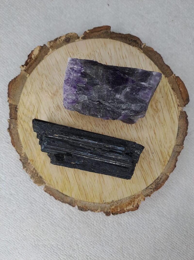 Black Tourmaline and Amethyst AAA Grade Raw Natural Crystal Combo with Wooden Natural Bark Coaster for Healing, Meditation and Manifestation