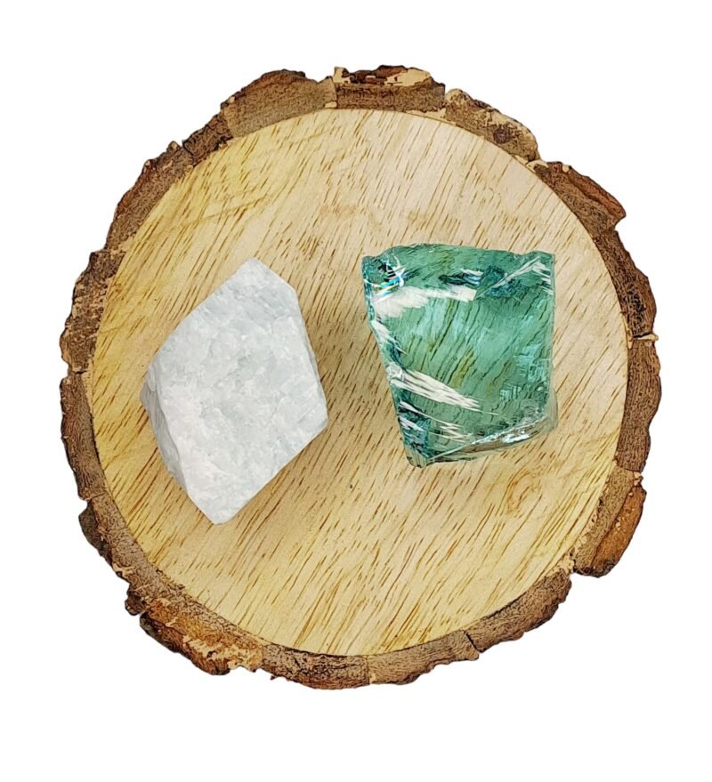 Amazonite + Aqua Marine Obsidian AAA Grade Raw Natural Crystal Combo with Wooden Natural Bark Coaster for Healing, Meditation and Manifestation