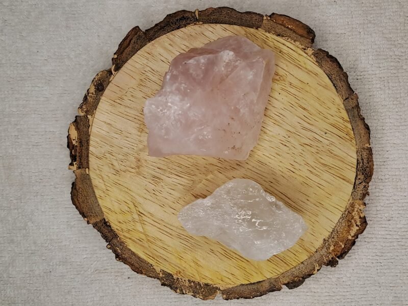 Clear Quartz and Rose Quartz AAA Grade Raw Natural Crystal Combo with Wooden Natural Bark Coaster for Healing, Meditation and Manifestation
