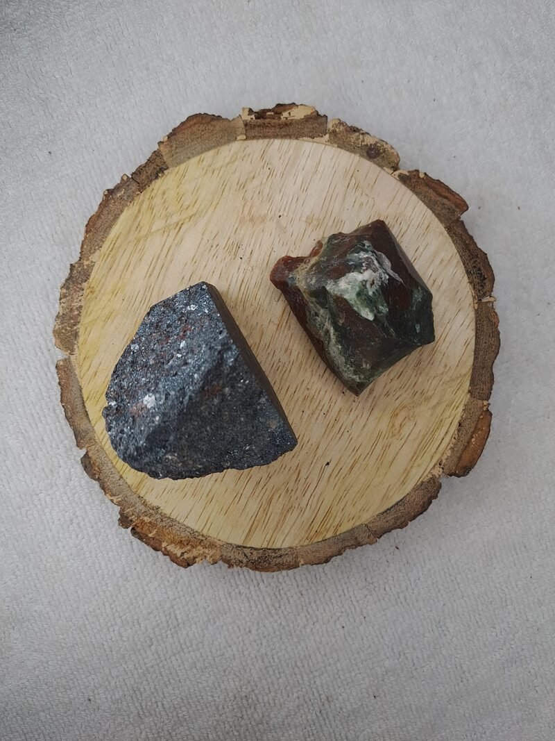 Hematite and Blood Stone AAA Grade Raw Natural Crystal Combo with Wooden Natural Bark Coaster for Healing, Meditation and Manifestation