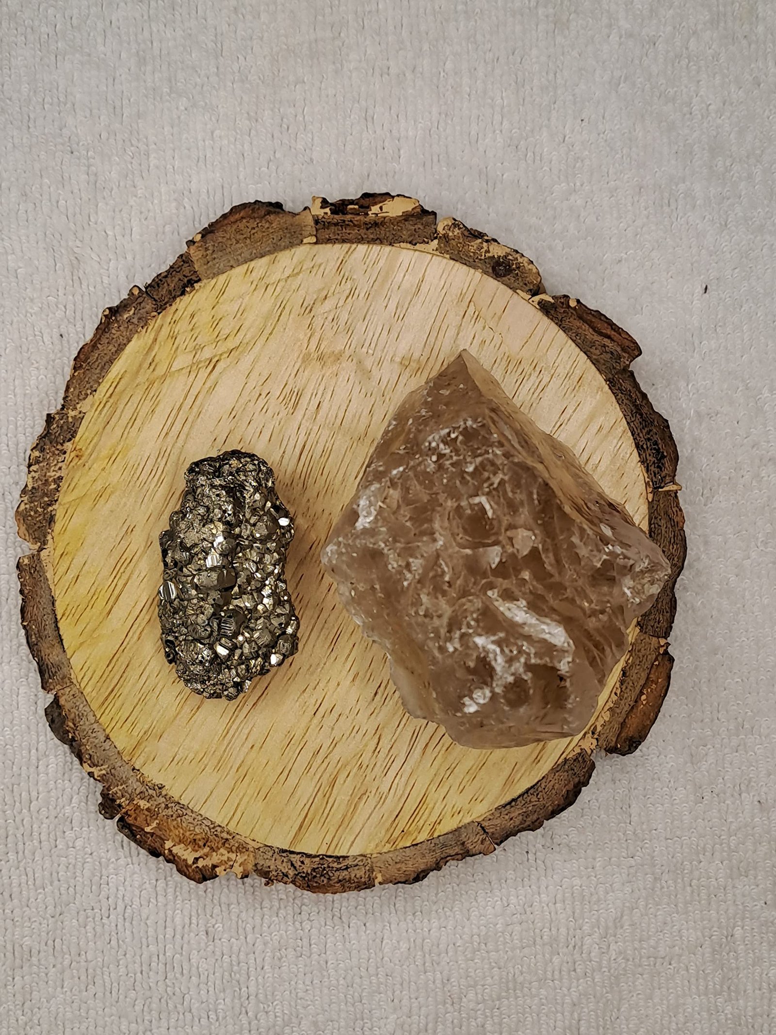 Pyrite and Smoky Quartz AAA Grade Raw Natural Crystal Combo with Wooden Natural Bark Coaster for Healing, Meditation and Manifestation