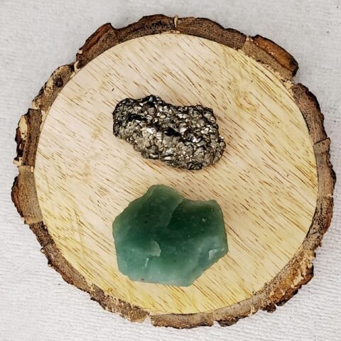 Green Aventurine and Pyrite AAA Grade Raw Natural Crystal Combo with Wooden Natural Bark Coaster for Healing, Meditation and Manifestation