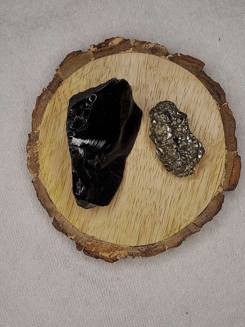 Black Obsidian and Pyrite AAA Grade Raw Natural Crystal Combo with Wooden Natural Bark Coaster for Healing, Meditation and Manifestation - Image 3