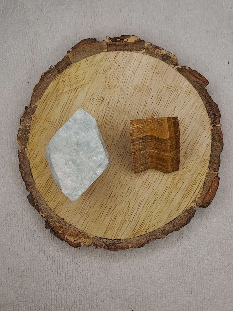 Amazonite + Tiger Eye AAA Grade Raw Natural Crystal Combo with Wooden Natural Bark Coaster for Healing, Meditation and Manifestation