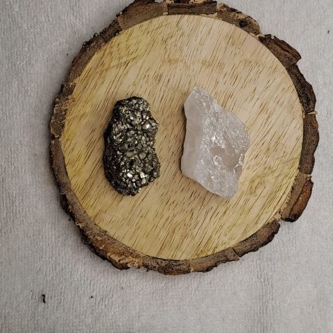 Pyrite and Clear Quartz AAA Grade Raw Natural Crystal Combo with Wooden Natural Bark Coaster for Healing, Meditation and Manifestation