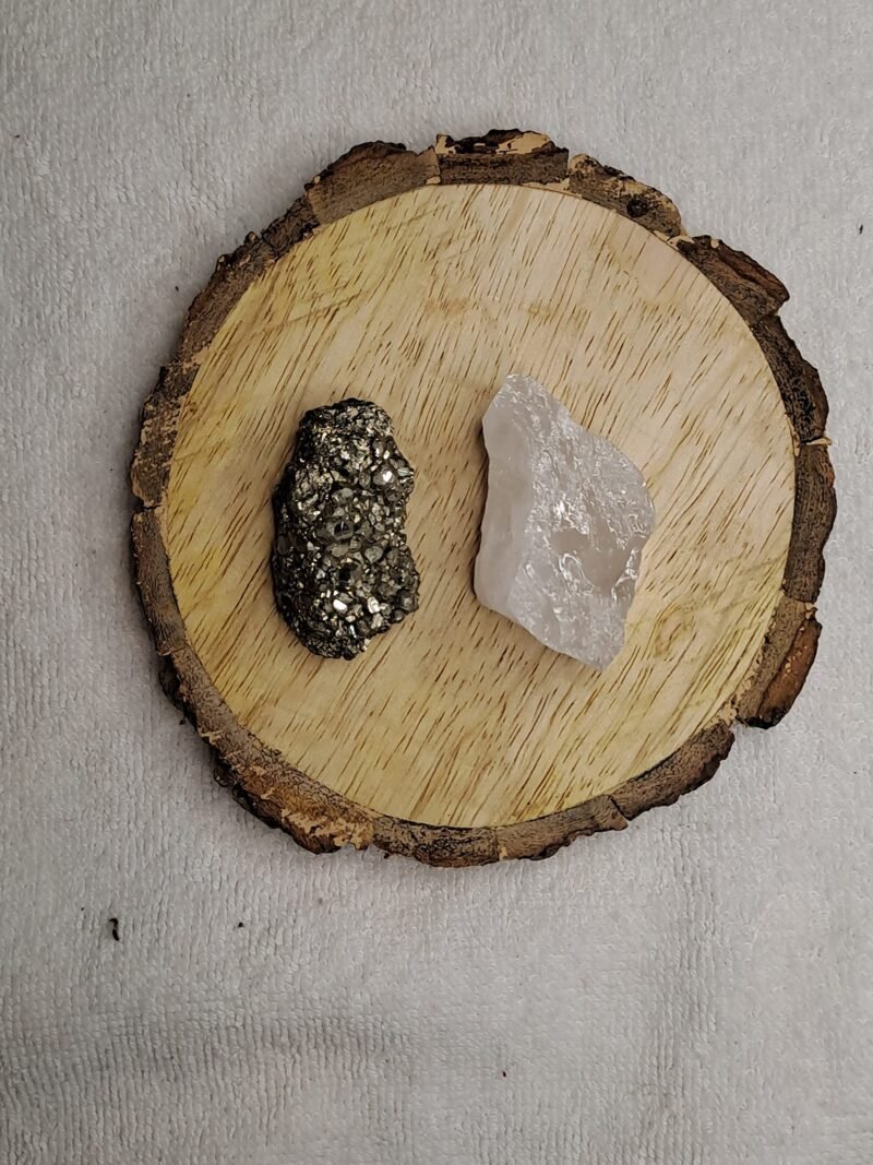Pyrite and Clear Quartz AAA Grade Raw Natural Crystal Combo with Wooden Natural Bark Coaster for Healing, Meditation and Manifestation