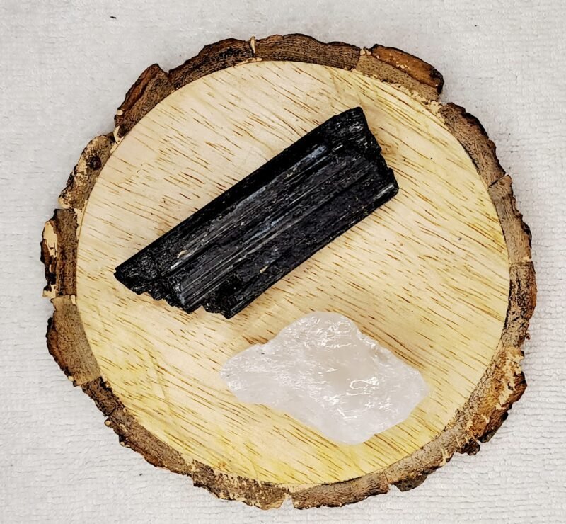 Clear Quartz and Black Tourmaline AAA Grade Raw Natural Crystal Combo with Wooden Natural Bark Coaster for Healing, Meditation and Manifestation