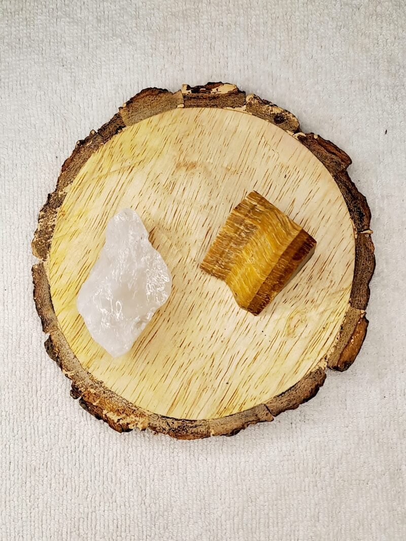 Clear Quartz and Tiger Eye AAA Grade Raw Natural Crystal Combo with Wooden Natural Bark Coaster for Healing, Meditation and Manifestation