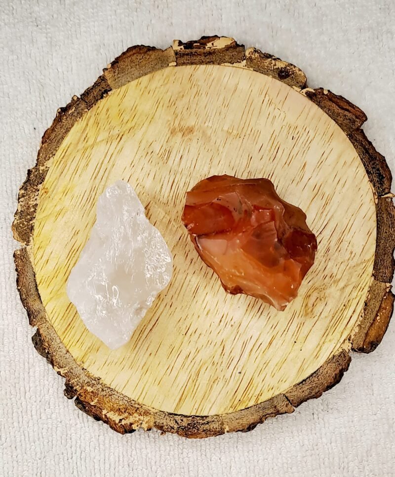 Clear Quartz and Carnelian AAA Grade Raw Natural Crystal Combo with Wooden Natural Bark Coaster for Healing, Meditation and Manifestation