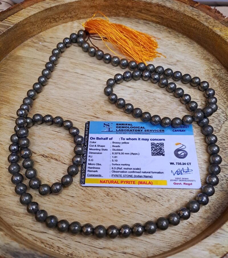 Pyrite Mala 108 + 1-8 mm Beads for Prosperitiy Wealth Willpower and Financial Abundance with 1 Palo Santo Smude