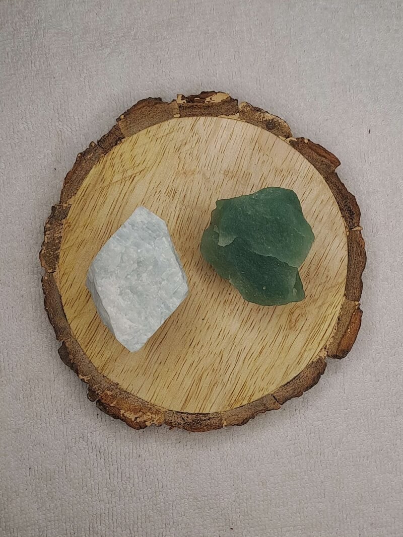 Amazonite + Green Aventurine AAA Grade Raw Natural Crystal Combo with Wooden Natural Bark Coaster for Healing, Meditation and Manifestation - Image 3