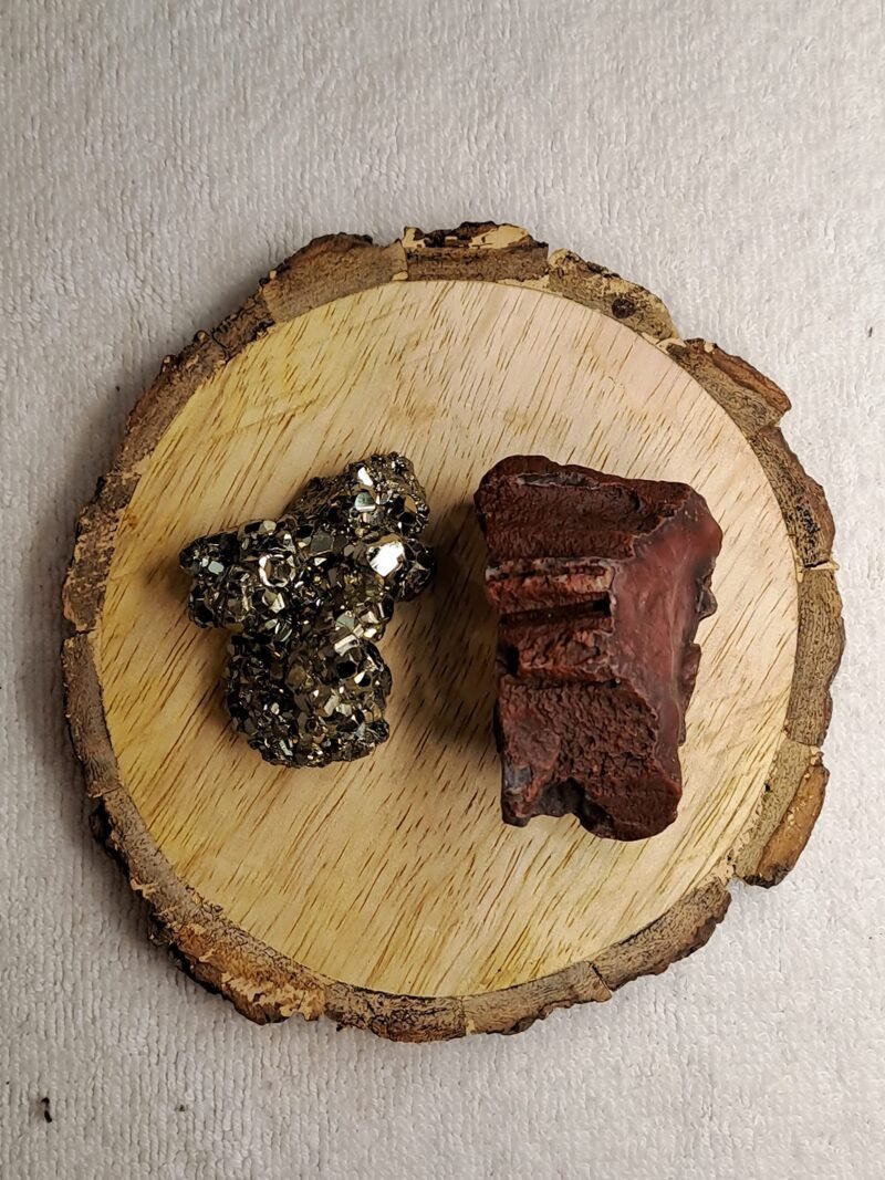 Pyrite and Jade AAA Grade Raw Natural Crystal Combo with Wooden Natural Bark Coaster for Healing, Meditation and Manifestation