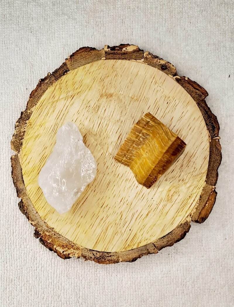 Clear Quartz and Tiger Eye AAA Grade Raw Natural Crystal Combo with Wooden Natural Bark Coaster for Healing, Meditation and Manifestation
