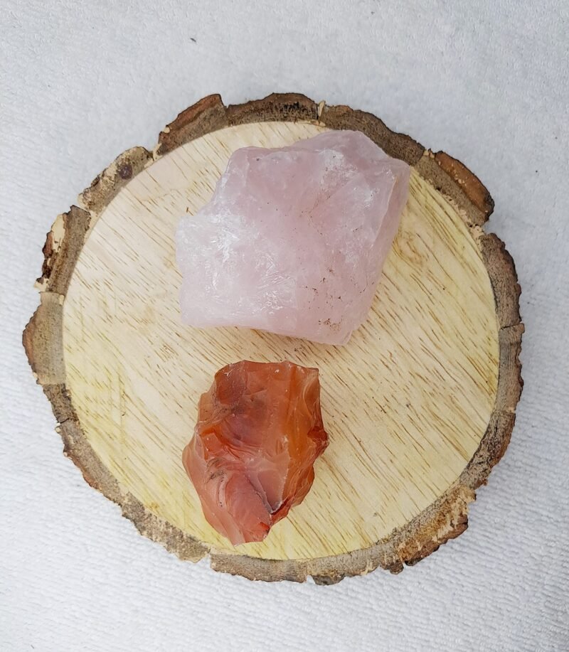 Carnelian and Rose Quartz AAA Grade Raw Natural Crystal Combo with Wooden Natural Bark Coaster for Healing, Meditation and Manifestation
