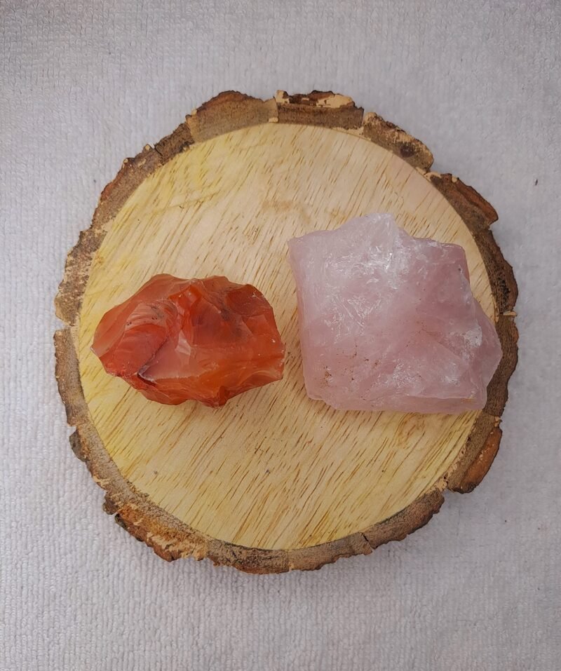 Carnelian and Rose Quartz AAA Grade Raw Natural Crystal Combo with Wooden Natural Bark Coaster for Healing, Meditation and Manifestation
