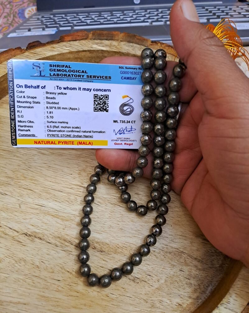 Pyrite Mala 108 + 1-8 mm Beads for Prosperitiy Wealth Willpower and Financial Abundance with 1 Palo Santo Smude