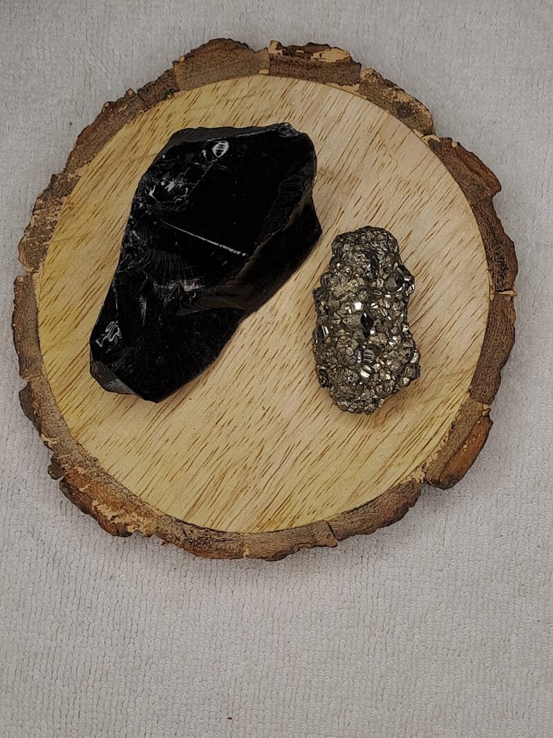 Black Obsidian and Pyrite AAA Grade Raw Natural Crystal Combo with Wooden Natural Bark Coaster for Healing, Meditation and Manifestation - Image 5