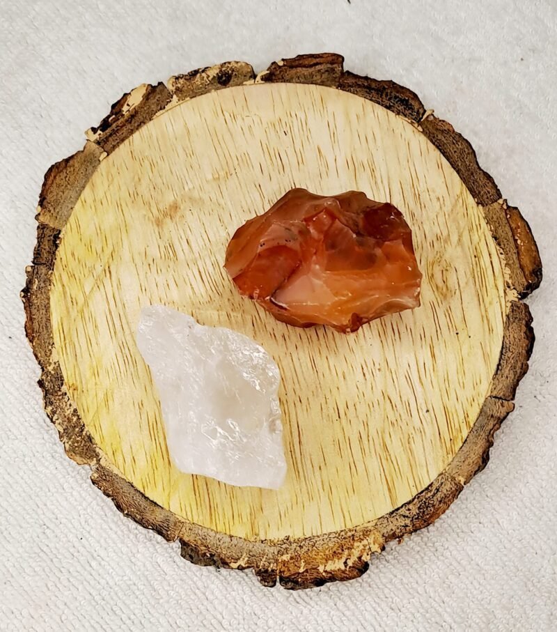 Clear Quartz and Carnelian AAA Grade Raw Natural Crystal Combo with Wooden Natural Bark Coaster for Healing, Meditation and Manifestation