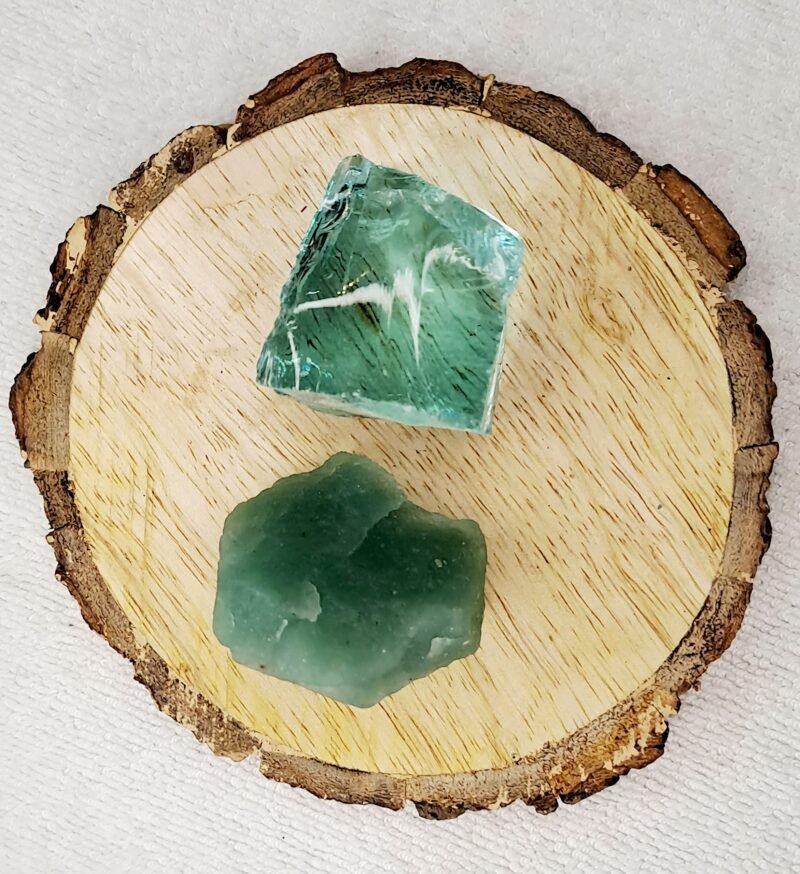 Green Aventurine and Aqua Marine Obsidian AAA Grade Raw Natural Crystal Combo with Wooden Natural Bark Coaster for Healing, Meditation and Manifestation