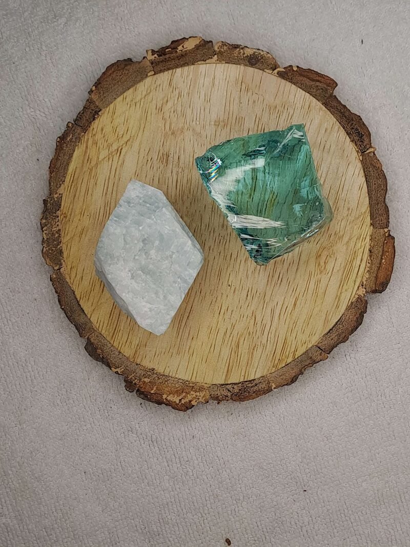 Amazonite + Aqua Marine Obsidian AAA Grade Raw Natural Crystal Combo with Wooden Natural Bark Coaster for Healing, Meditation and Manifestation - Image 2