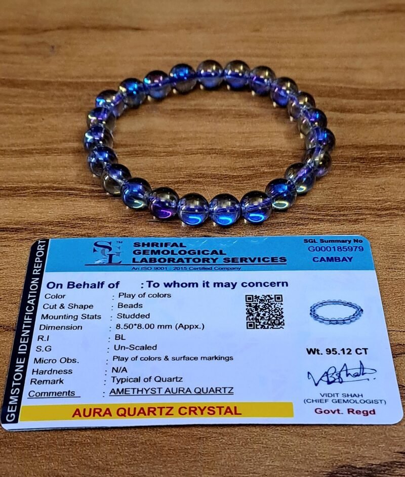 Divinity Natural Certified Aura Quartz 8mm Unisex Bracelets Super AAA Quality for Healing Meditation Success and Abundance and Divine Intution (Amethyst Aura Quartz Bracelet)