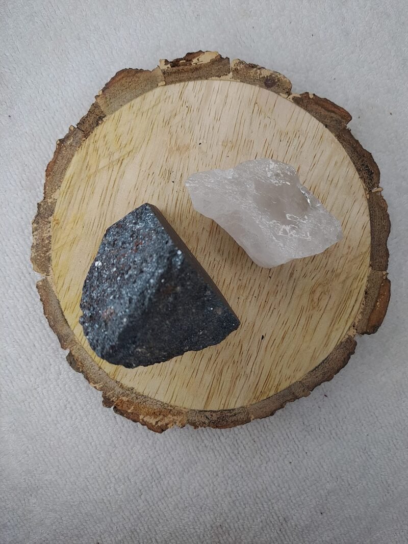 Hematite and Clear Quartz AAA Grade Raw Natural Crystal Combo with Wooden Natural Bark Coaster for Healing, Meditation and Manifestation