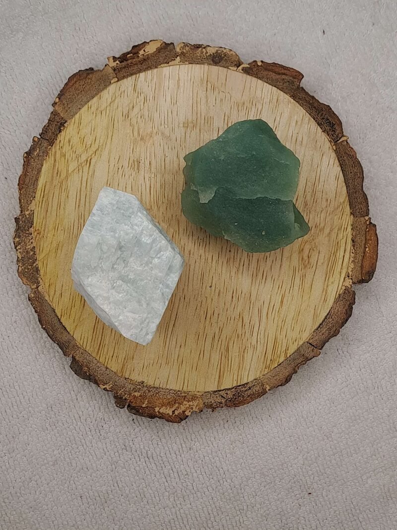 Amazonite + Green Aventurine AAA Grade Raw Natural Crystal Combo with Wooden Natural Bark Coaster for Healing, Meditation and Manifestation - Image 2