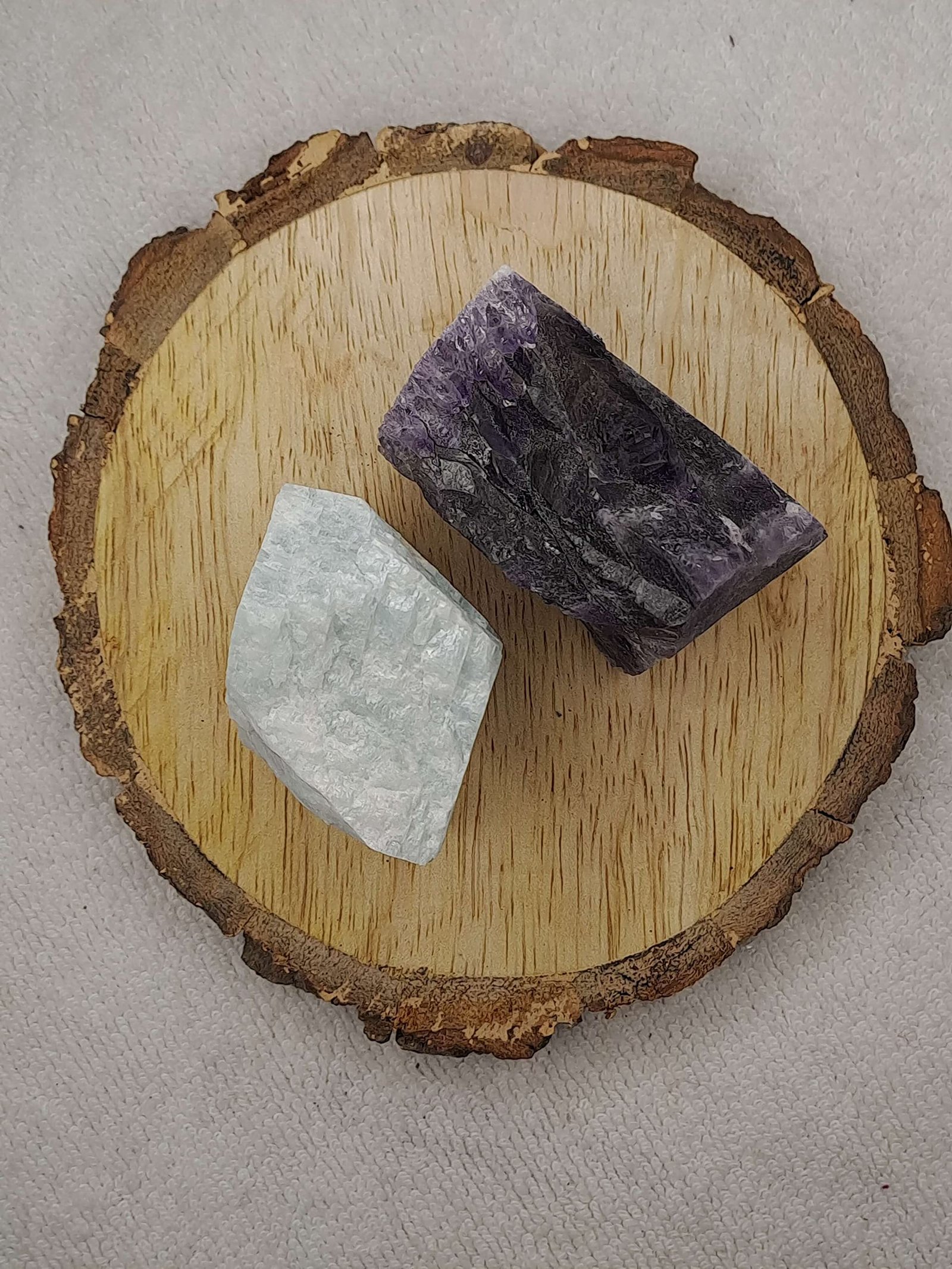 Amazonite + Amethyst AAA Grade Raw Natural Crystal Combo with Wooden Natural Bark Coaster for Healing, Meditation and Manifestation