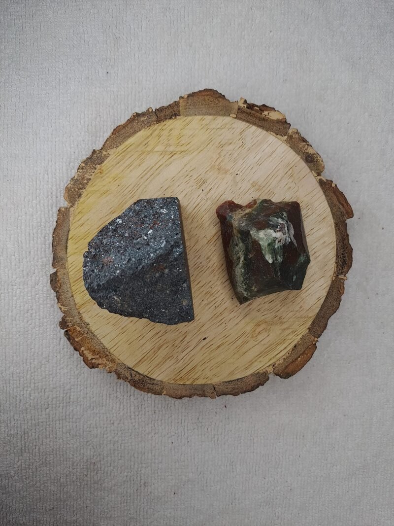 Hematite and Blood Stone AAA Grade Raw Natural Crystal Combo with Wooden Natural Bark Coaster for Healing, Meditation and Manifestation